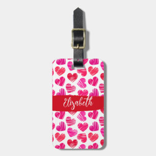 Modern Red and Pink Doodled Hearts Valentine Name Luggage Tag