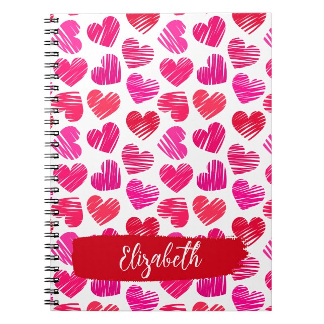 Modern Red and Pink Doodled Hearts Valentine Name  Notebook (Front)