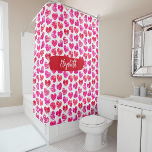 Modern Red and Pink Doodled Hearts Valentine Name  Shower Curtain