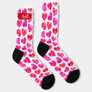Modern Red and Pink Doodled Hearts Valentine Name Socks