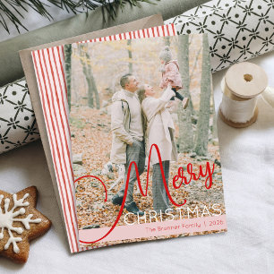 Modern Red and Pink Simple Stripes Photo Christmas Holiday Card