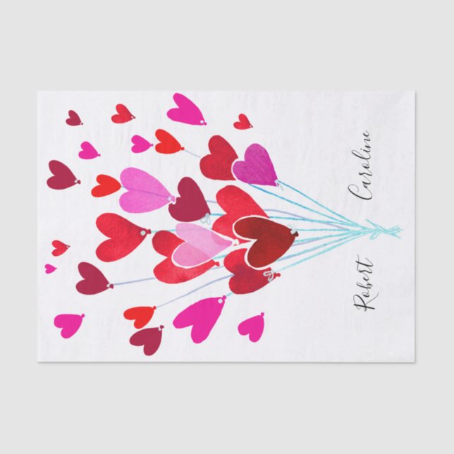 Modern Red and Pink Valentine Hearts Couple Names Tissue Paper (Front)