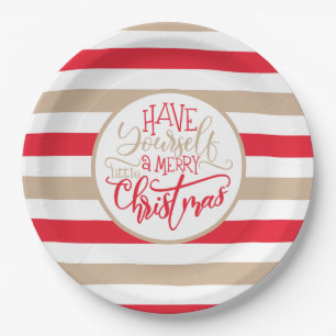 Modern Red and Tan Merry Christmas Striped  Paper Plate