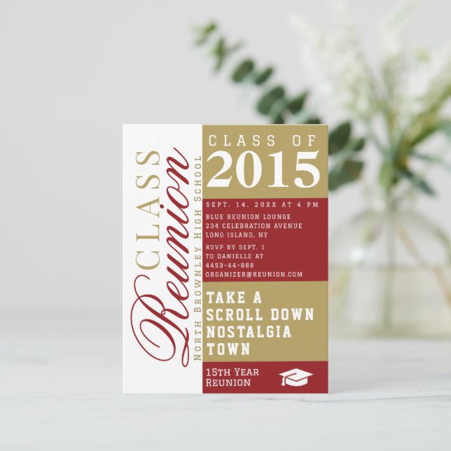 Modern red and tan School Class Reunion Postcard (Standing Front)