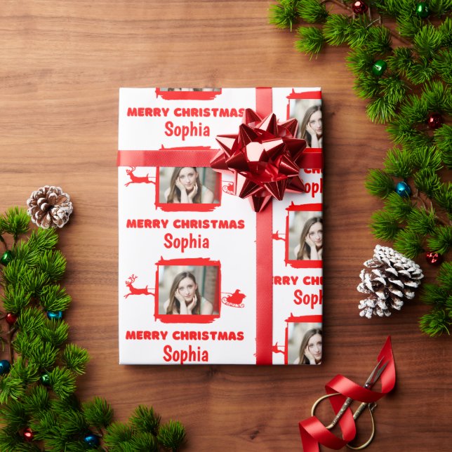 Modern Red and White 1 Photo Merry Christmas Wrapping Paper (Holiday Gift)