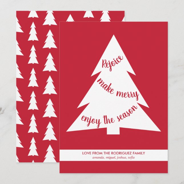 Modern Red and White Christmas Tree Holiday Script Card (Front/Back)