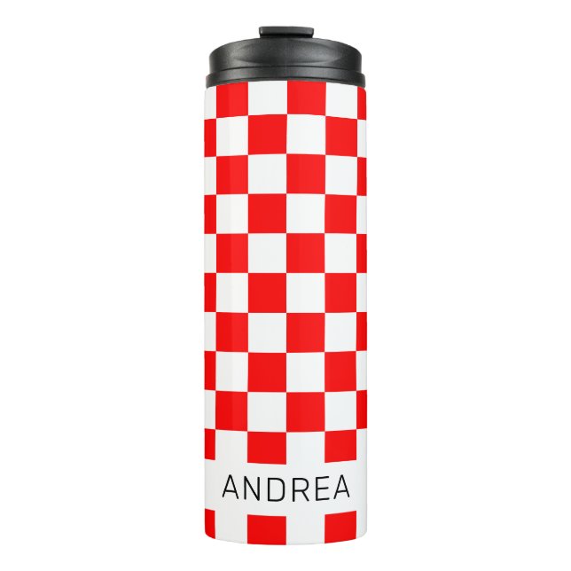Modern Red and White Croatian Checkers with Name Thermal Tumbler (Front)