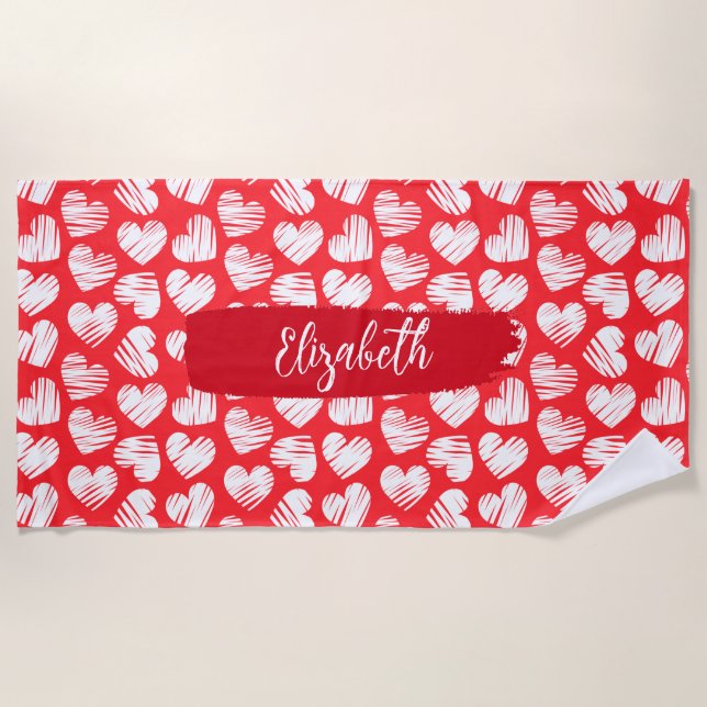 Modern Red and White Doodled Heart Valentine Name Beach Towel (Front)