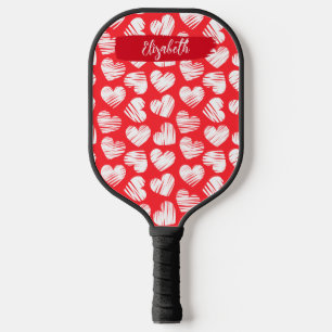 Modern Red and White Doodled Heart Valentine Name Pickleball Paddle