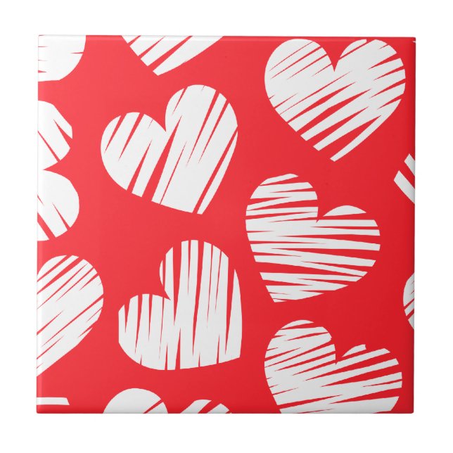 Modern Red and White Doodled Heart Valentine's Day Ceramic Tile (Front)