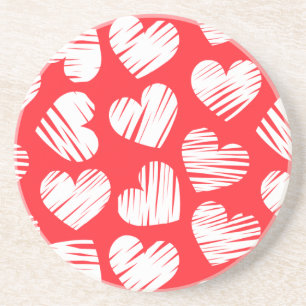 Modern Red and White Doodled Heart Valentine's Day Coaster