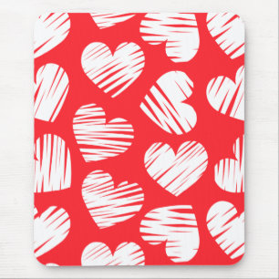 Modern Red and White Doodled Heart Valentine's Day Mouse Pad