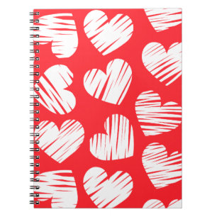 Modern Red and White Doodled Heart Valentine's Day Notebook