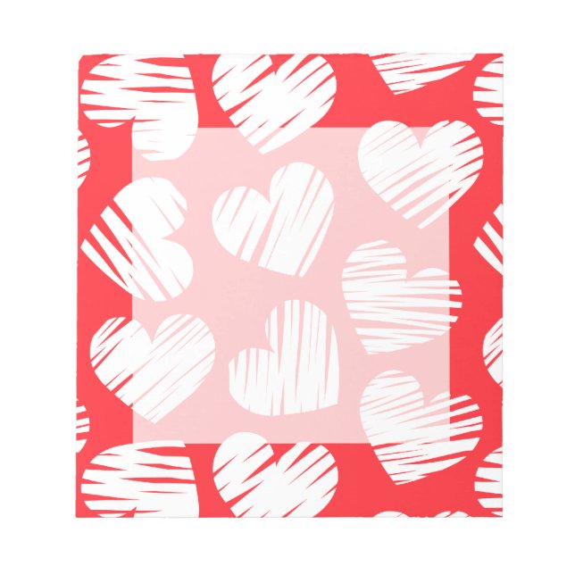 Modern Red and White Doodled Heart Valentine's Day Notepad (Front)