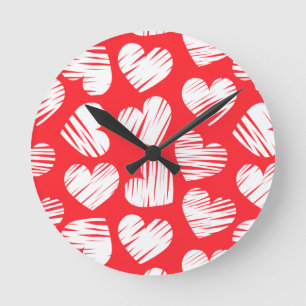 Modern Red and White Doodled Heart Valentine's Day Round Clock