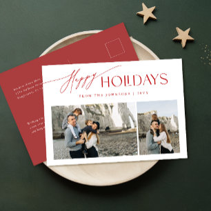 Modern Red and White Family Photo Christmas Holiday Postcard