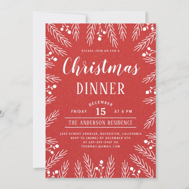 Modern Red and White Floral Christmas Dinner Invitation (Front)