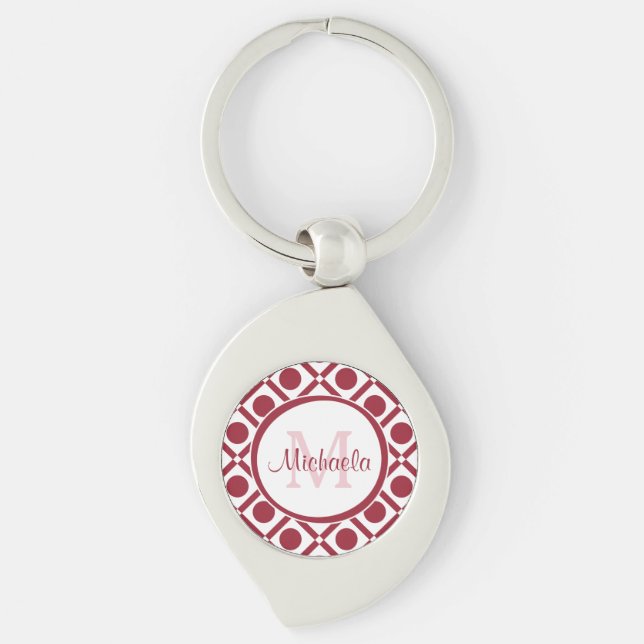 Modern Red and White Geometric Monogram and Name Key Ring (Front)