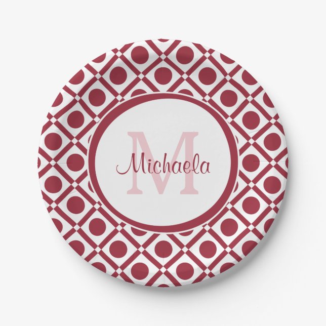 Modern Red and White Geometric Monogram and Name Paper Plate (Front)