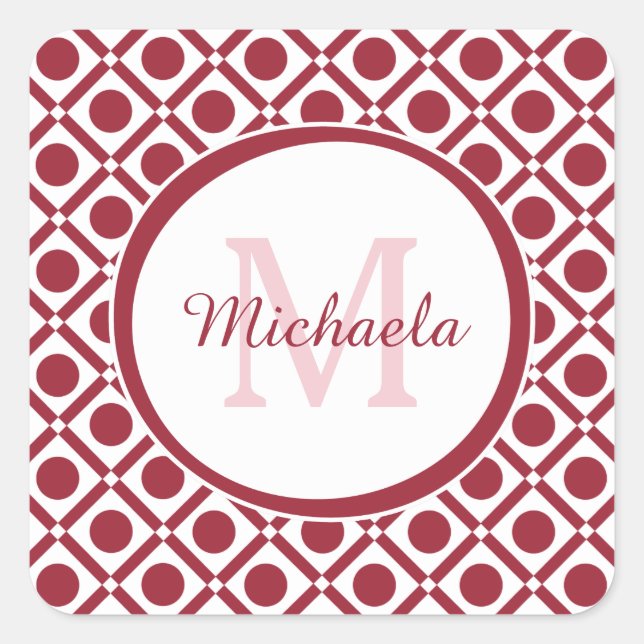 Modern Red and White Geometric Monogram and Name Square Sticker (Front)