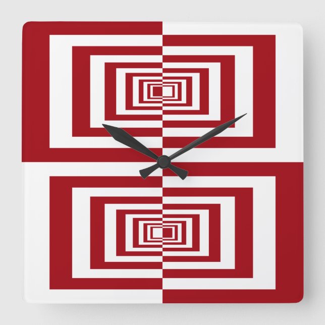 Modern Red and White Geometric Square Wall Clock (Front)