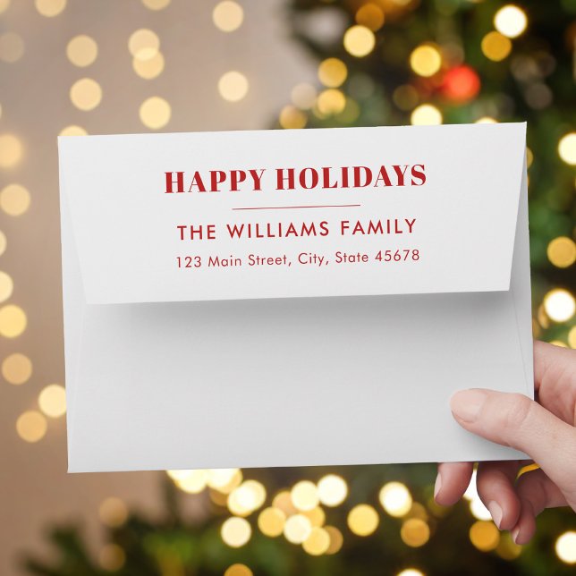 Modern Red and White Happy Holidays Return Address Envelope (Creator Uploaded)