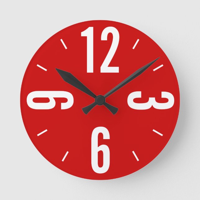 Modern red and white large numbers round clock (Front)