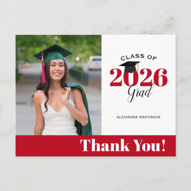 Modern Red and White Photo Graduation Thank You Postcard (Front)