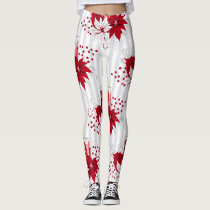 Modern Red and White Poinsettia Flower Leggings