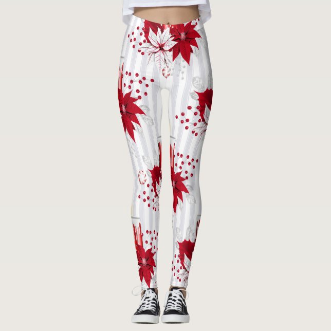 Modern Red and White Poinsettia Flower Leggings (Front)