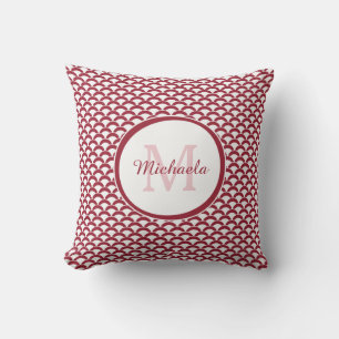 Modern Red and White Scallops Monogram and Name Cushion