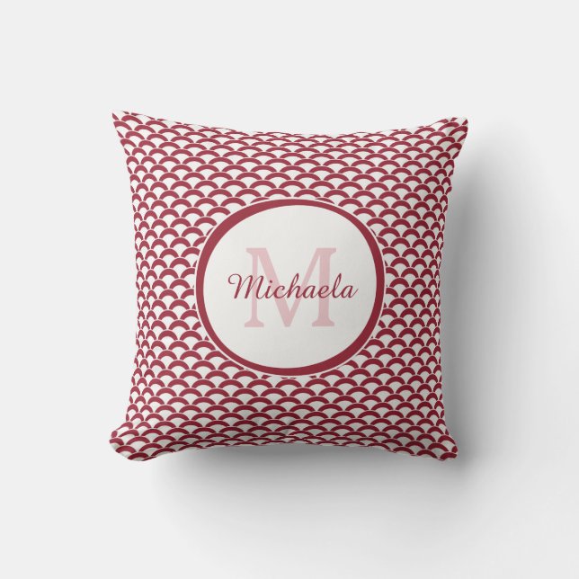 Modern Red and White Scallops Monogram and Name Cushion (Front)