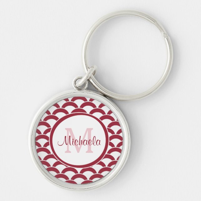 Modern Red and White Scallops Monogram and Name Key Ring (Front)