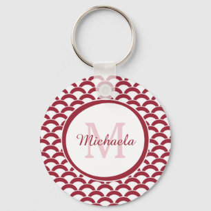 Modern Red and White Scallops Monogram and Name Key Ring