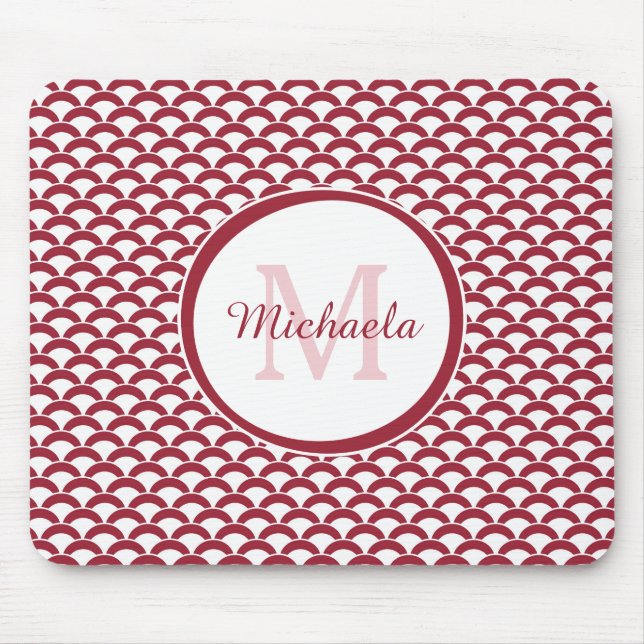 Modern Red and White Scallops Monogram and Name Mouse Pad (Front)