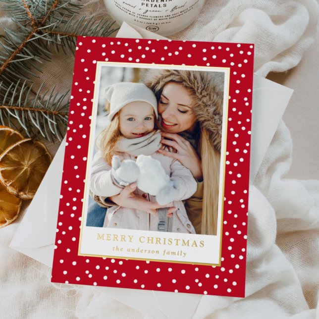 Modern Red and White Snowballs 2 Photo Foil Holiday Card (Creator Uploaded)