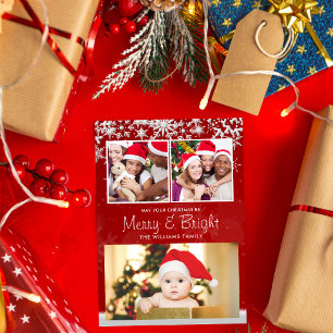 Modern Red And White Snowflake Custom Three Photos Holiday Card