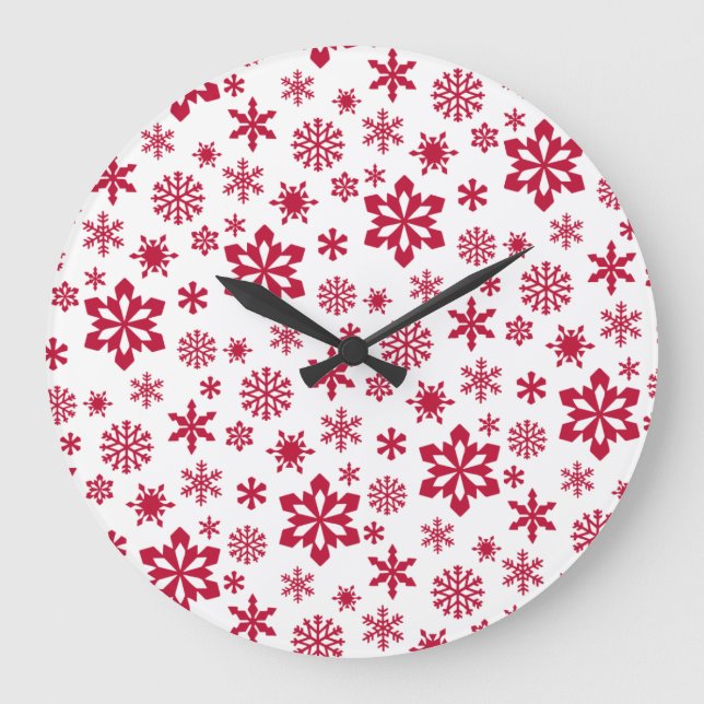 Modern red and white snowflake pattern large clock (Front)