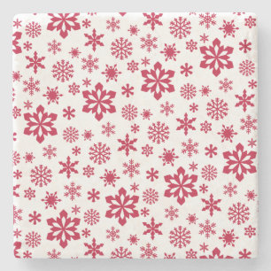 Modern red and white snowflake pattern stone coaster