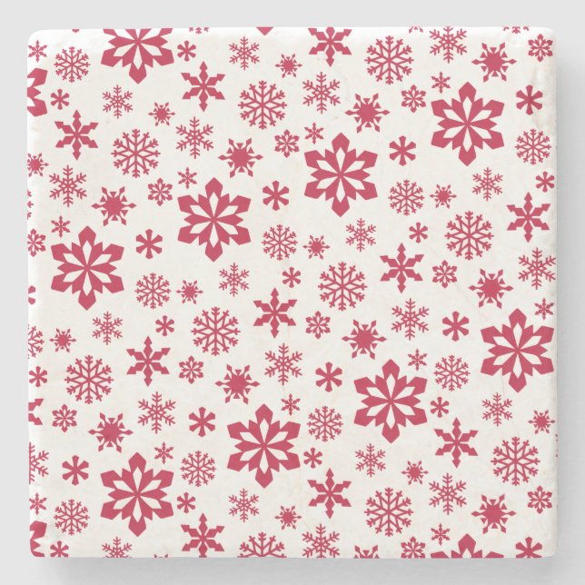 Modern red and white snowflake pattern stone coaster (Front)