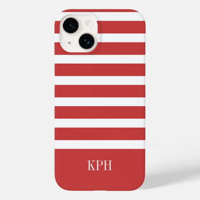 Modern Red and White Stripe with Monogram  Case-Mate iPhone Case (Back)