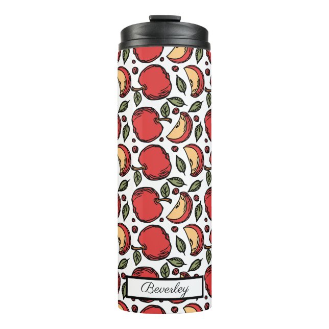 Modern Red Apple Pattern Customised Name Thermal Tumbler (Front)