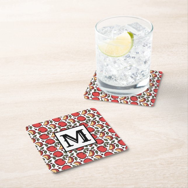 Modern Red Apple Pattern Monogram Square Paper Coaster (Insitu)