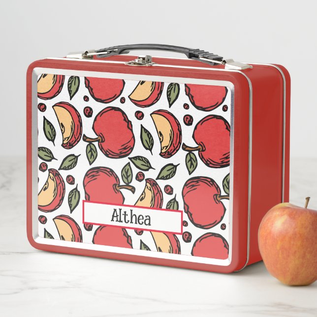 Modern Red Apple Pattern Personalised Name   Metal Lunch Box (In Situ)