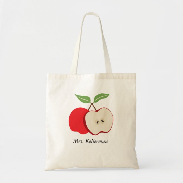 Modern Red Apple with Teacher's Name Tote Bag (Front)