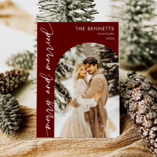 Modern Red Arch Photo Newlyweds Merry & Married Holiday Card