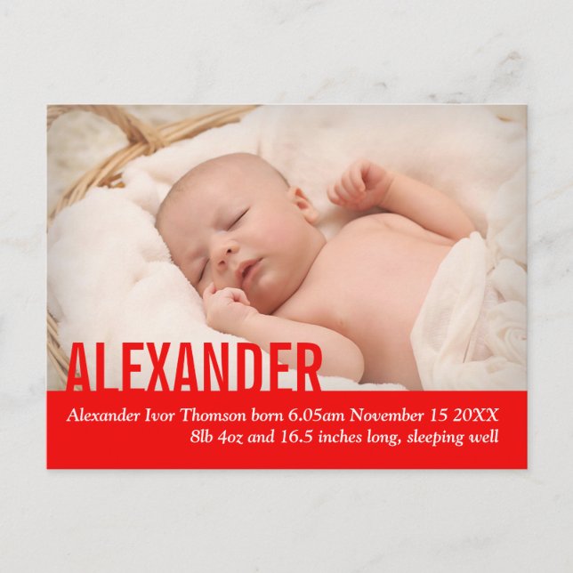 Modern red baby boy photo announcement postcard (Front)
