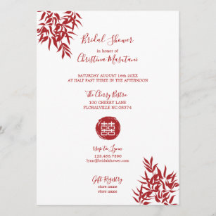 Modern Red Bamboo Double Happiness Bridal Shower Invitation