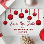 Modern Red Bauble Christmas Party Save the Date Announcement Postcard<br><div class="desc">Stylish christmas,  save the date announcement card,  featuring a winter white background,  red baubles,  string lights and a classic,  editable template which is eaily personalised.</div>