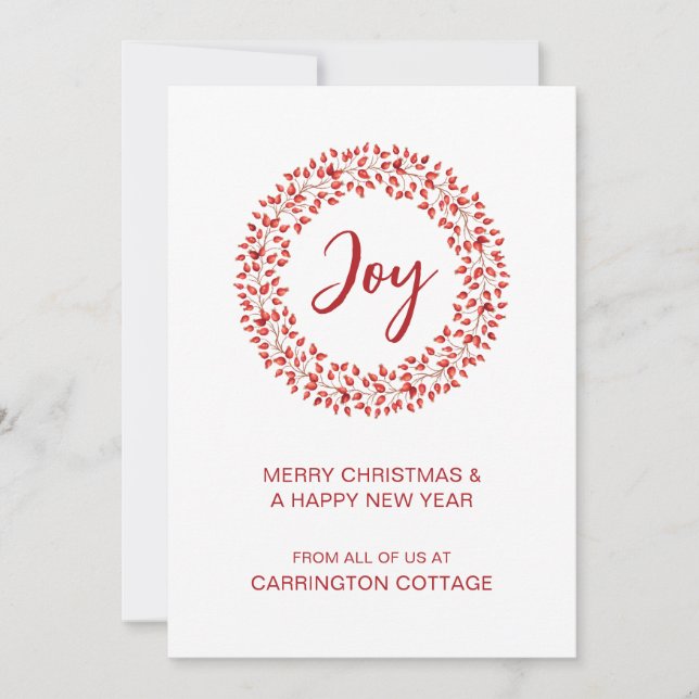 Modern Red Berries Wreath. Business Logo Holiday Card (Front)
